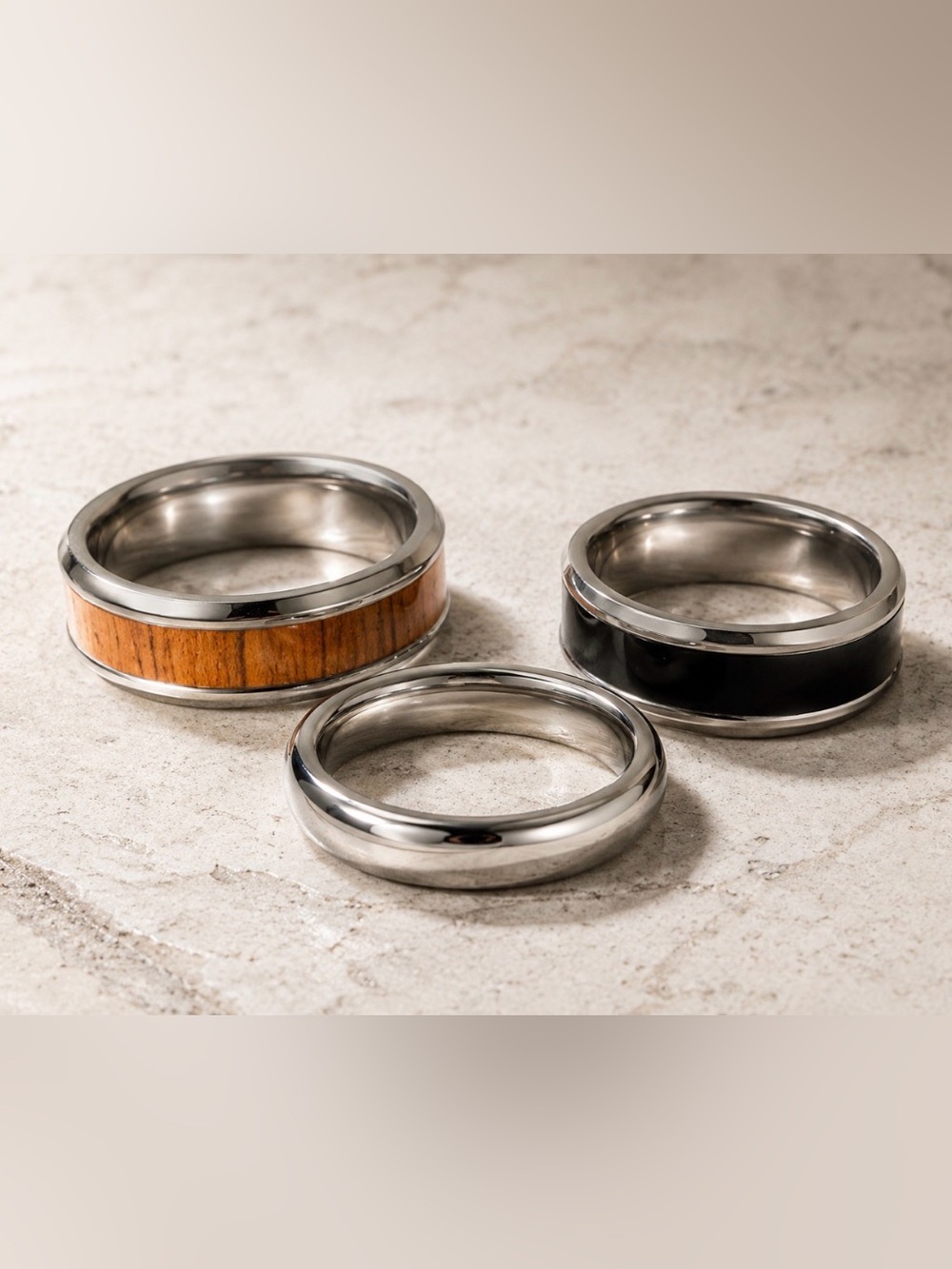 NEW Men’s Fashion Rings Size 12 – Set of 3 Silver, Black & Wood Grain Bands. BRD